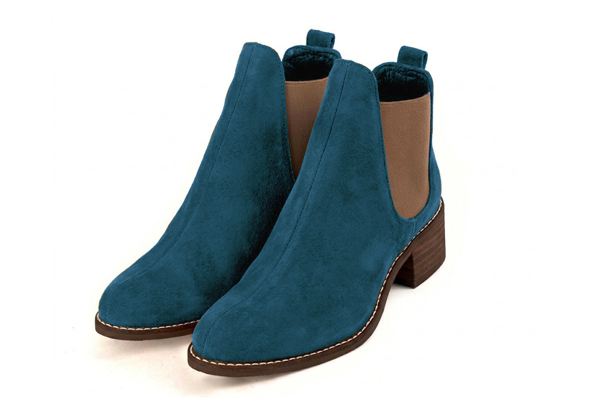 Women's peacock blue and bronze solid-color chelsea boots with round toe and leather sole - Front view